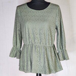 Vanilla Bay Sage Green Eyelet Fully Lined Poly Span Trumpet LS Peplum Top Size L